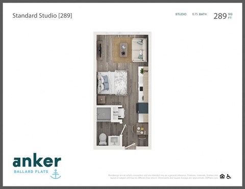 Floor plan for studio, 1 bath, 289 sqft